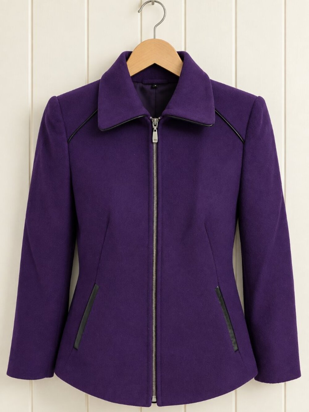Peter Nygard Blazer Purple Fitted Petite 8 Reclaimed Wool Blend Zip Polished